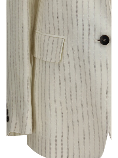 Max Mara Studio Single-Breasted pinstriped linen Blazer - Natural