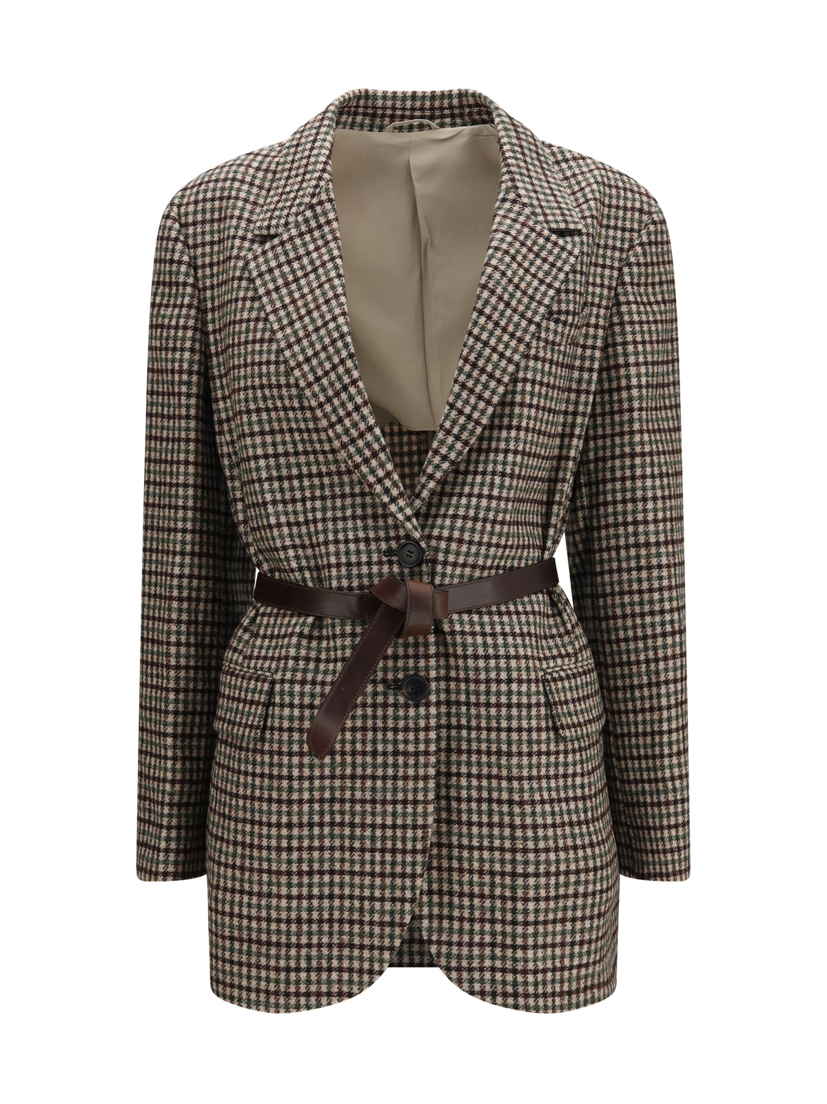Brunello Cucinelli Single-breasted wool-blend Blazer with belt - Beige/Green/Moro