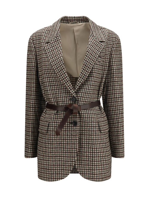 Brunello Cucinelli Single-breasted wool-blend Blazer with belt - Beige/Green/Moro