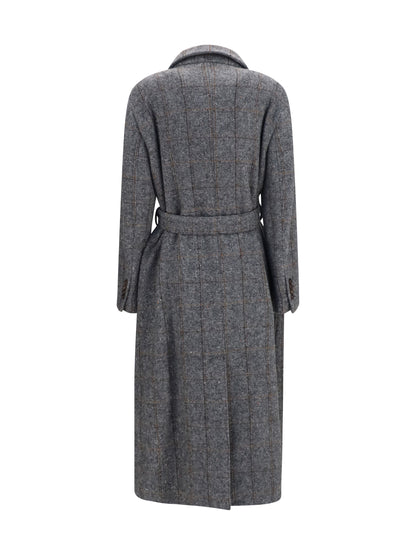 Brunello Cucinelli Long alpaca-blend Coat with belt - Grey/Black/Tobacco