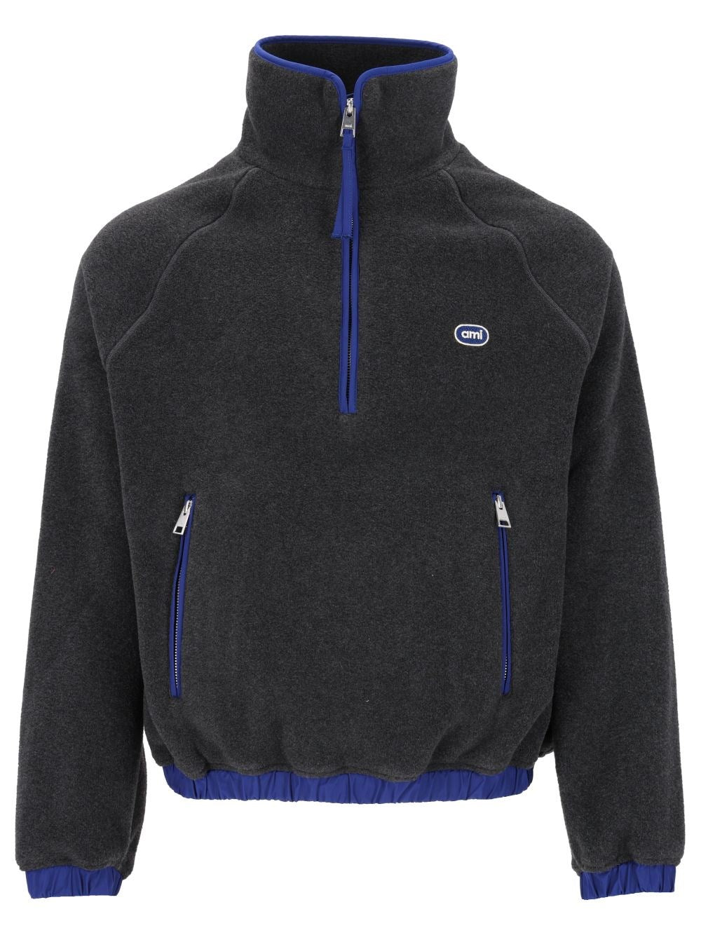 Ami Half-Zip Fleece Hoodie With Blue Trim - Grey