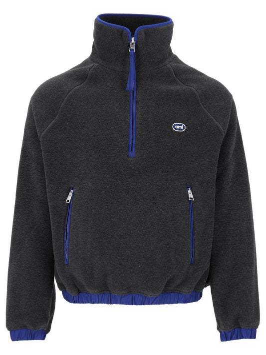 Ami Half-Zip Fleece Hoodie With Blue Trim - Grey