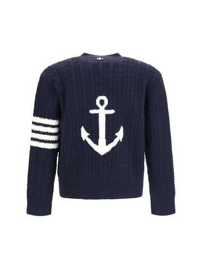 Thom Browne V-neck Sweater with Anchor embroidery on the back - Navy