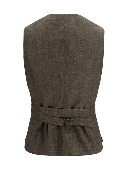 Brunello Cucinelli Belted Linen Vest - Dark Brown/Silver