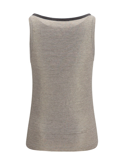 BRUNELLO CUCINELLI Striped linen lamé jersey Tank Top with glossy finishes