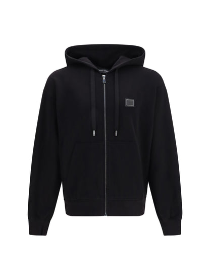Dolce & Gabbana Cotton Hooded Sweatshirt with DG plaque - Black