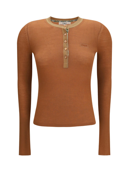 Chloé Ultra-fine wool knit Henley Top - Coffee Pink