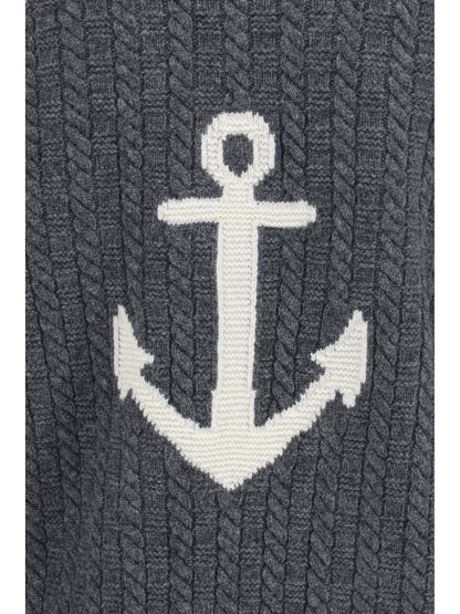 Thom Browne V-neck Sweater with Anchor embroidery on the back - Med Grey