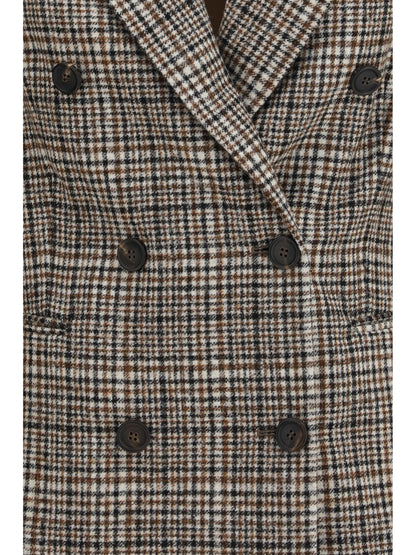 Brunello Cucinelli Double-breasted Jacket in alpaca and wool blend - Beige/Tobacco/Black