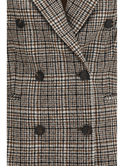 Brunello Cucinelli Double-breasted Jacket in alpaca and wool blend - Beige/Tobacco/Black
