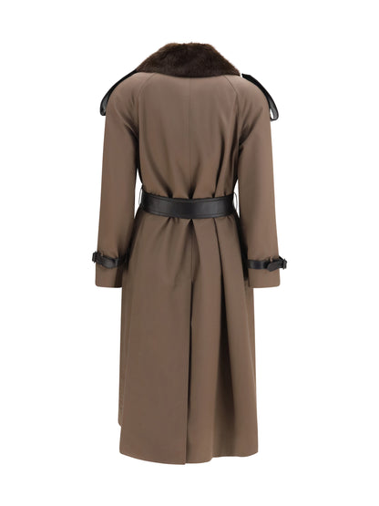 Burberry Long cotton Trench Coat with buffalo leather collar - Sepia Brown