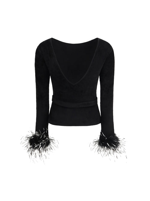 Self-Portrait Feather-trimmed Chenille Knit Top - Black