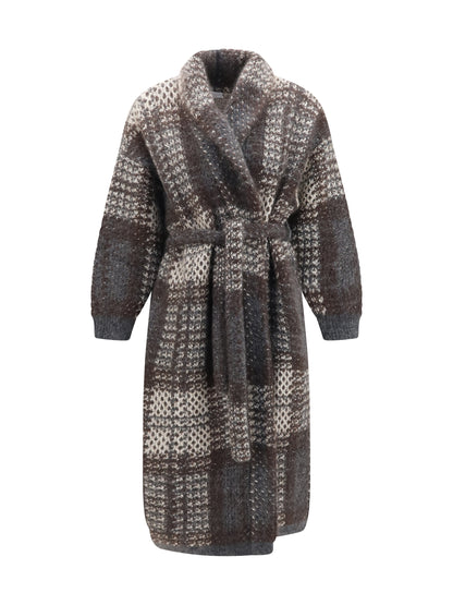 Brunello Cucinelli Macrocheck mohair blend Coat with belt - Ivory/Piombo/Anthracite