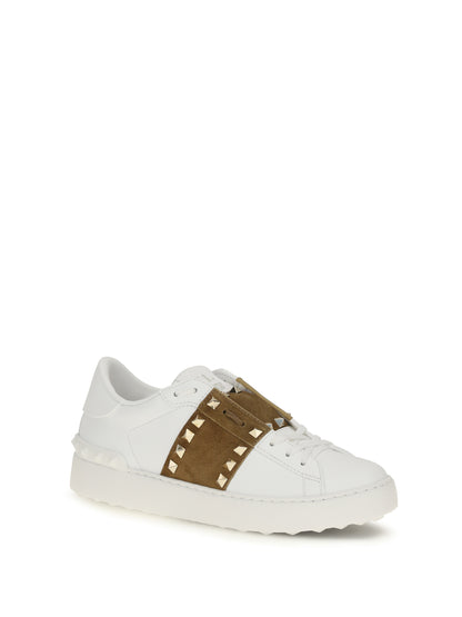 Valentino Garavani Rockstud Untitled Sneakers with suede band - White/Havana Beige/White