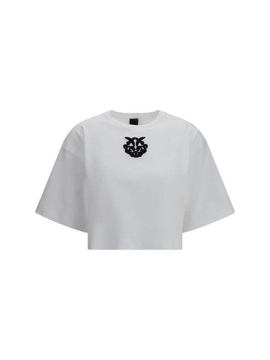 PINKO T-Shirt cropped in stretch cotton jersey with Love Birds embroidery