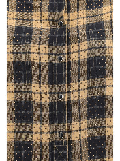 Pinko Barbellino check pattern Shirt with all-over micro rhinestones - Camel/Black