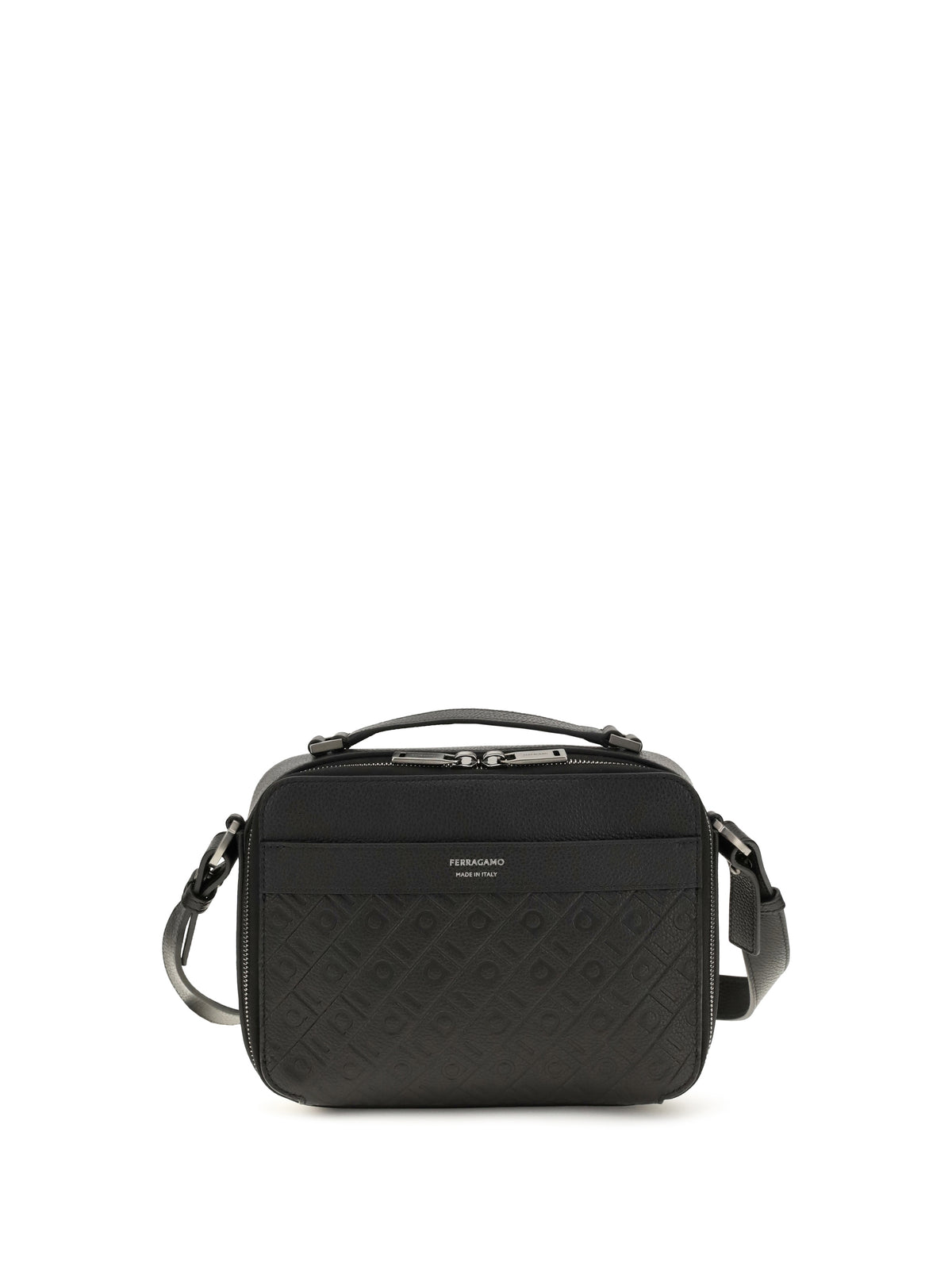 Ferragamo Leather crossbody Bag with embossed Gancini pattern - Black