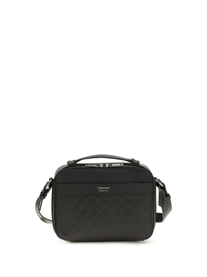 Ferragamo Leather crossbody Bag with embossed Gancini pattern - Black