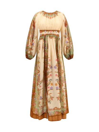 Zimmermann Indra elasticated waist maxi Dress - Cream Khaki Scarf Floral