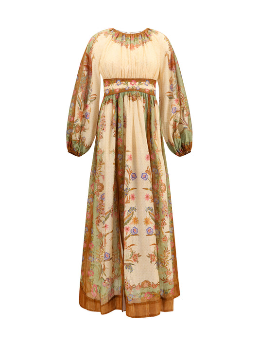 Zimmermann Indra elasticated waist maxi Dress - Cream Khaki Scarf Floral