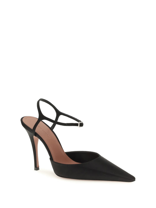 Amina Muaddi Carolyn satin Slingback Pumps - Black Satin + White Crystal Buckle