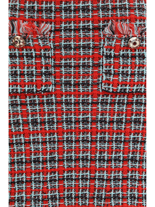 Self-Portrait Check knit midi Skirt with frayed edges - Red