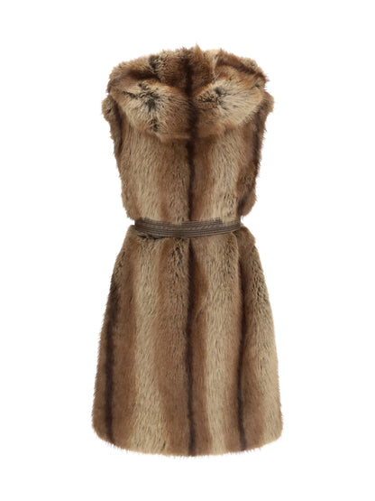 Pinko Galearis faux fur Hooded Vest - Beige-Gallinaccio