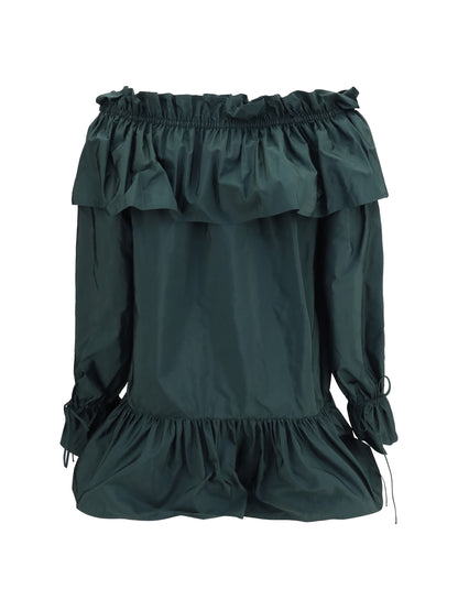 Saint Laurent Ruffled Nylon Poplin Dress - Vert Fonce