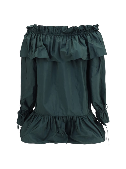 Saint Laurent Ruffled Nylon Poplin Dress - Vert Fonce
