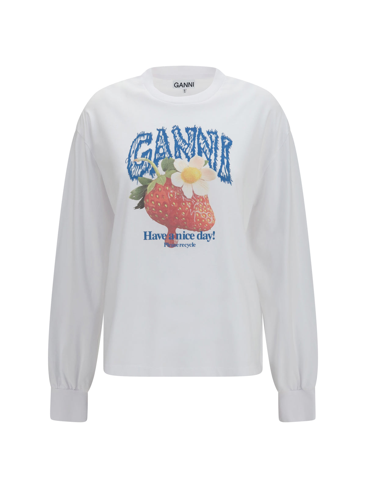 Ganni Strawberry long-sleeve cotton T-shirt - Bright White