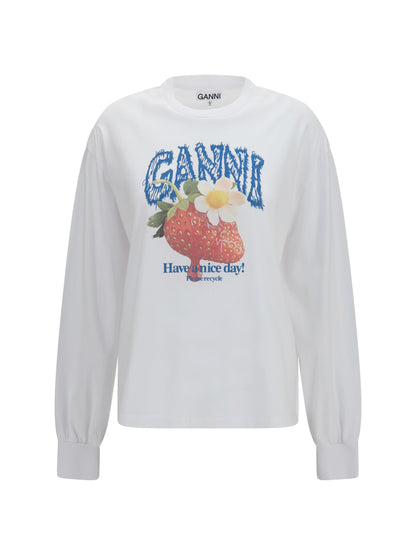 Ganni Strawberry long-sleeve cotton T-shirt - Bright White