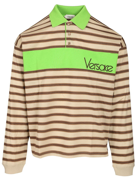 Versace Striped Cotton Polo Shirt With Inlay - Multi