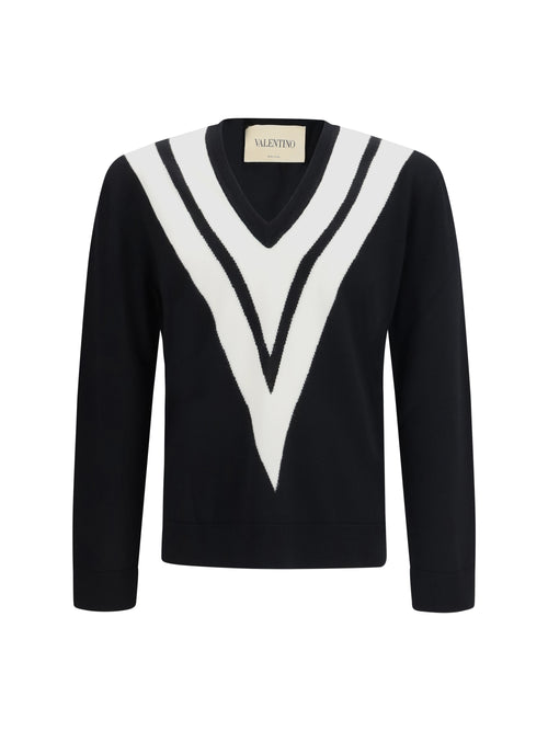 Valentino Sweater in virgin wool with intarsia V detail - Black/Burro
