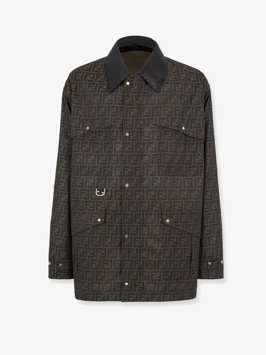 Fendi Ff Fabric Jacket With Leather Collar