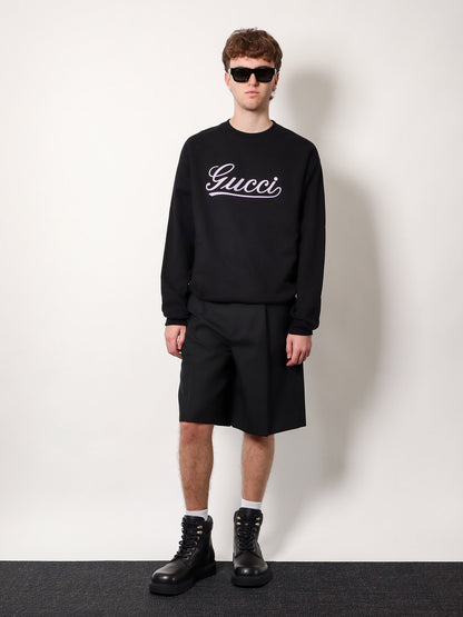 Gucci Cotton Sweatshirt Crew Neck With Ribbed Profiles And Gucci Logo Print On The Front