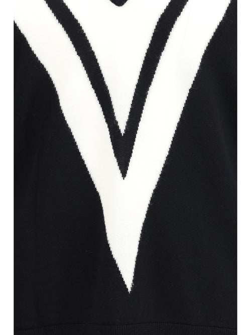 Valentino Sweater in virgin wool with intarsia V detail - Black/Burro