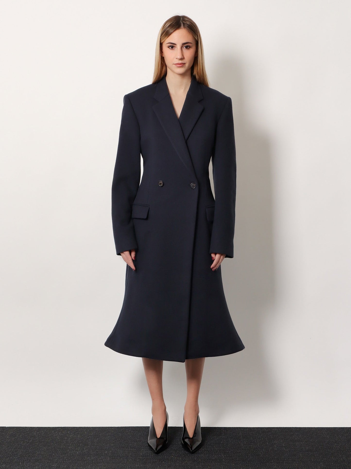 Balenciaga Godet Midi Double Breasted Wool Coat