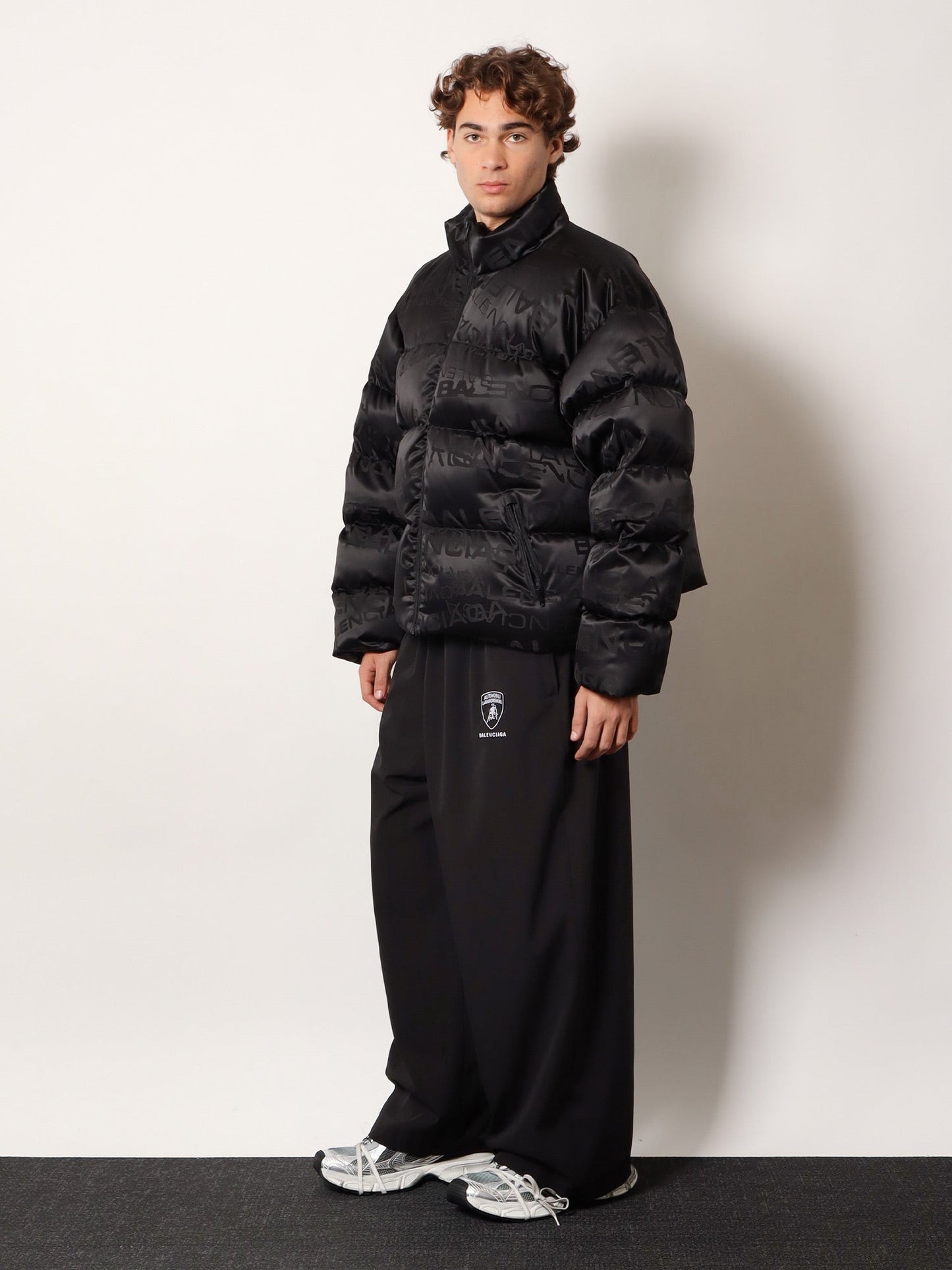 Balenciaga Nylon Down Jacket With All Over Lettering Logo