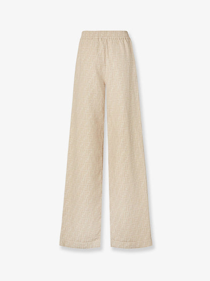 Fendi Cotton And Linen Trousers With All Over Ff Motif