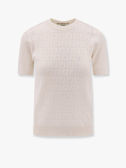 Fendi Cotton Blend Embroidered T Shirt With All Over Ff Logo