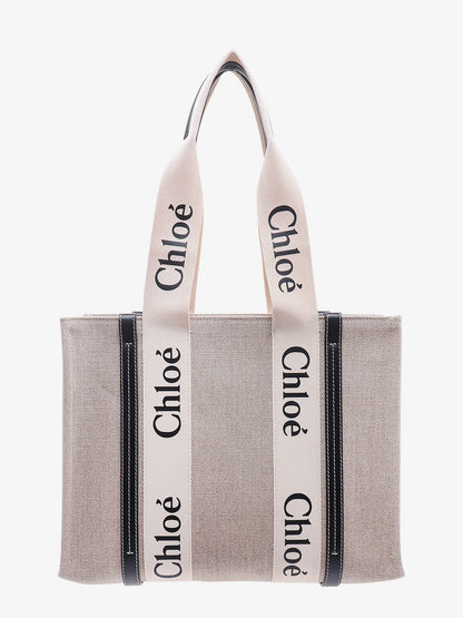 Chloe' Linen Shoulder Bag With Logo Print.This Bag Is Made With Lower Environmental Impact Material