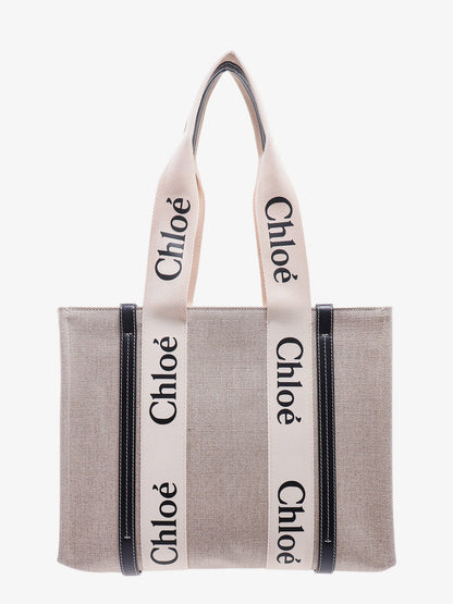 Chloe' Linen Shoulder Bag With Logo Print.This Bag Is Made With Lower Environmental Impact Material