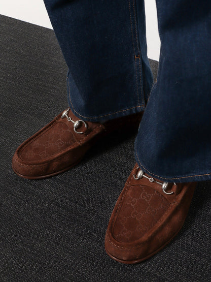 Gucci Suede Loafers With All Over Gg Motif And Iconic Horsebit