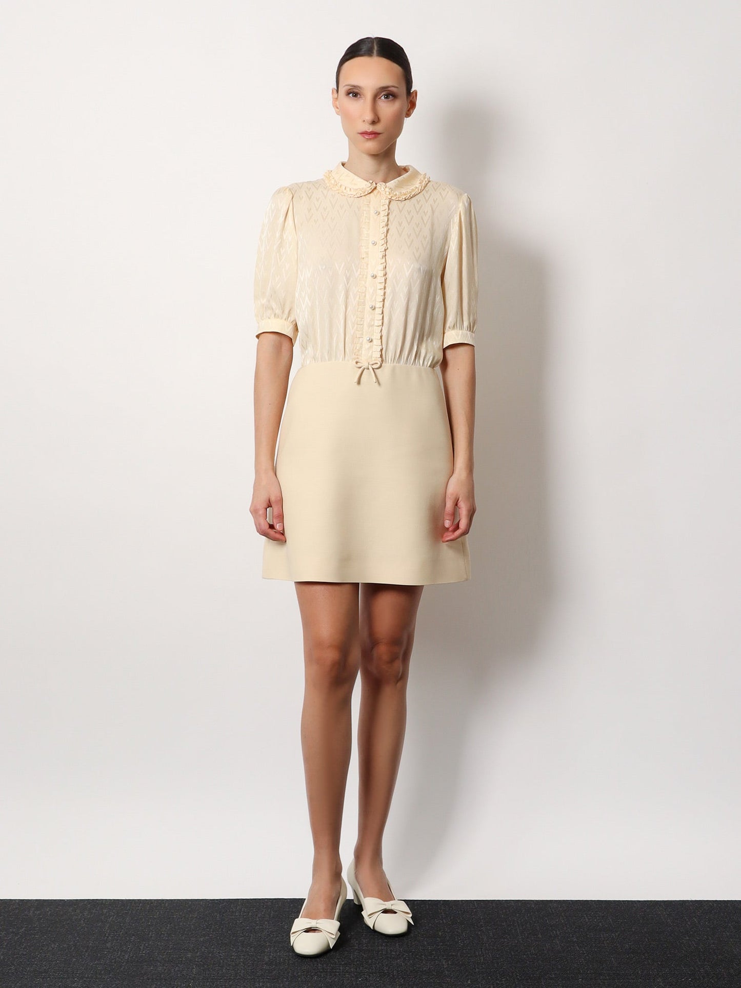 Valentino Short Crepe Couture Dress With Silk Jaquard Toute La V Top With Ruffle Detail