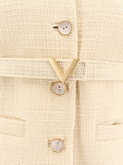 Valentino Wool Blazer With Leather Belt And V Gold Buckle