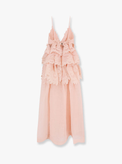 Zimmermann Linen And Silk Long Dress With Embroidered Flounces