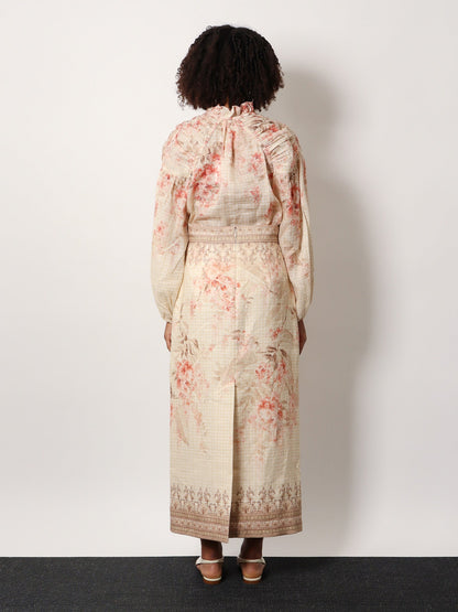 Zimmermann Illuminate Linen Pencil Midi Skirt With Floral Print