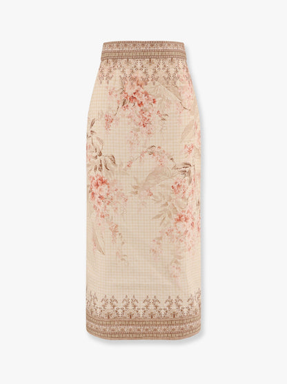 Zimmermann Illuminate Linen Pencil Midi Skirt With Floral Print