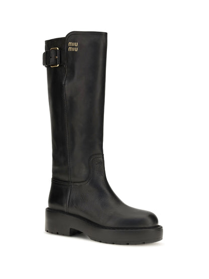 Miu Miu Leather knee-high Boots with buckle detail - Black