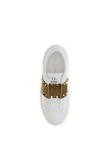 Valentino Garavani Rockstud Untitled Sneakers with suede band - White/Havana Beige/White